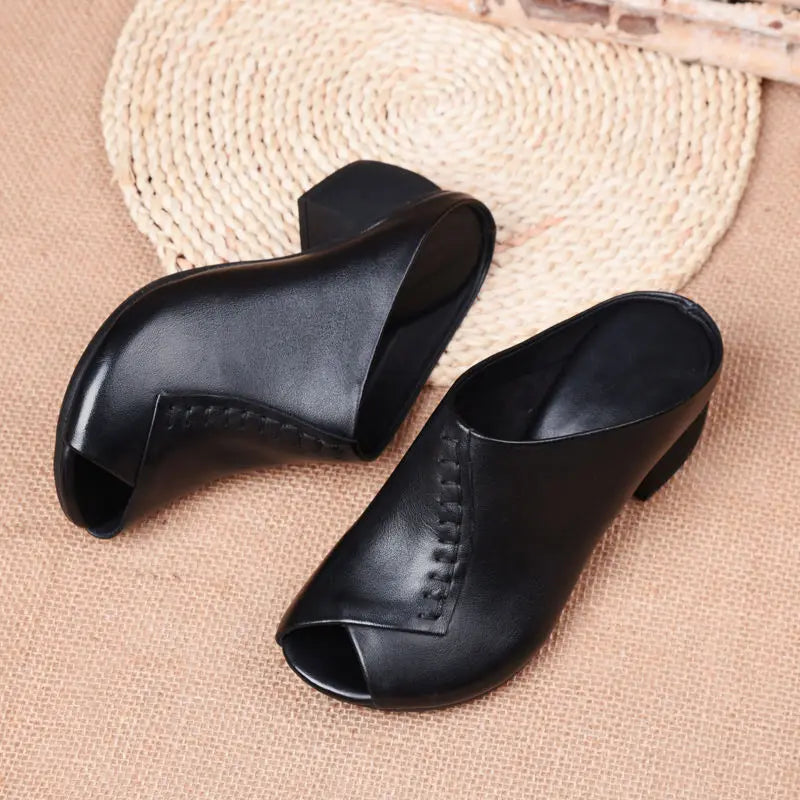 Casual Thick-heeled Soft Fish Mouth Comfortable Leather Outer Slippers