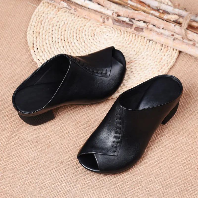 Casual Thick-heeled Soft Fish Mouth Comfortable Leather Outer Slippers