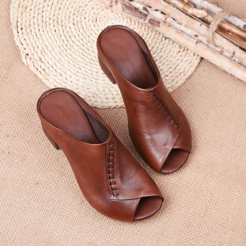 Casual Thick-heeled Soft Fish Mouth Comfortable Leather Outer Slippers