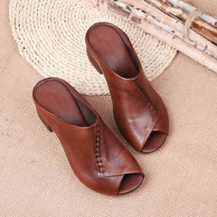 Casual Thick-heeled Soft Fish Mouth Comfortable Leather Outer Slippers