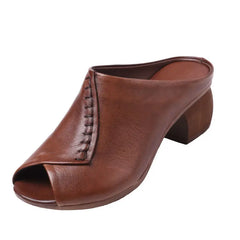 Casual Thick-heeled Soft Fish Mouth Comfortable Leather Outer Slippers