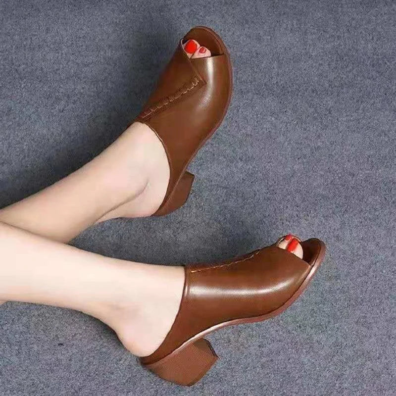 Casual Thick-heeled Soft Fish Mouth Comfortable Leather Outer Slippers
