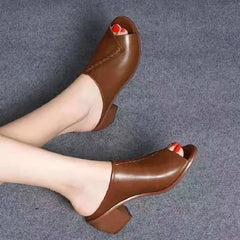Casual Thick-heeled Soft Fish Mouth Comfortable Leather Outer Slippers