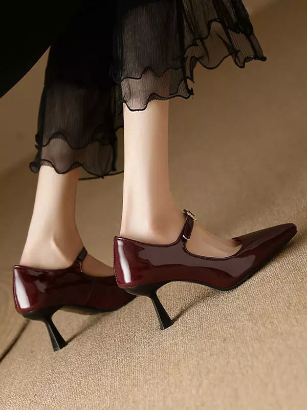 Casual Vintage Rubber Patent Leather Pointed Toe Kitten Shoes