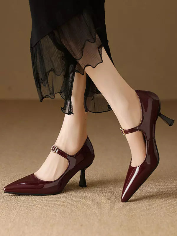 Casual Vintage Rubber Patent Leather Pointed Toe Kitten Shoes