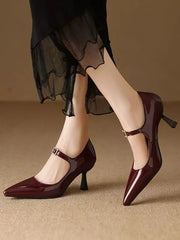 Casual Vintage Rubber Patent Leather Pointed Toe Kitten Shoes