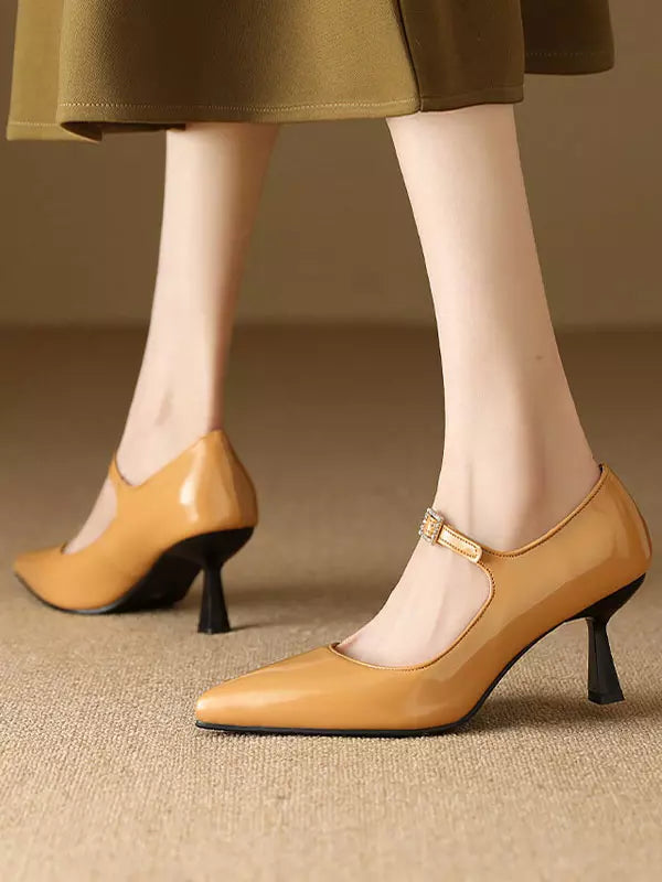 Casual Vintage Rubber Patent Leather Pointed Toe Kitten Shoes