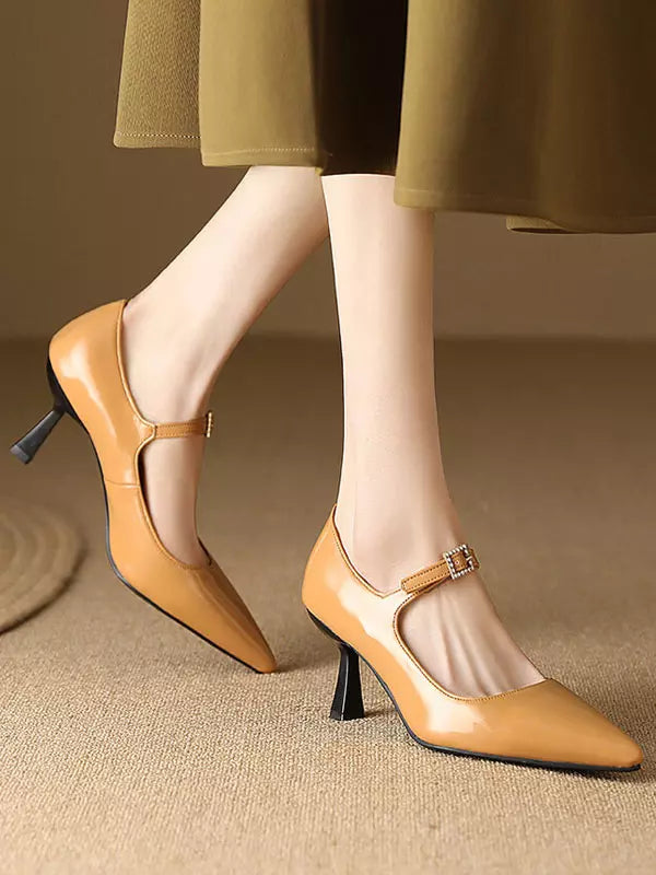 Casual Vintage Rubber Patent Leather Pointed Toe Kitten Shoes