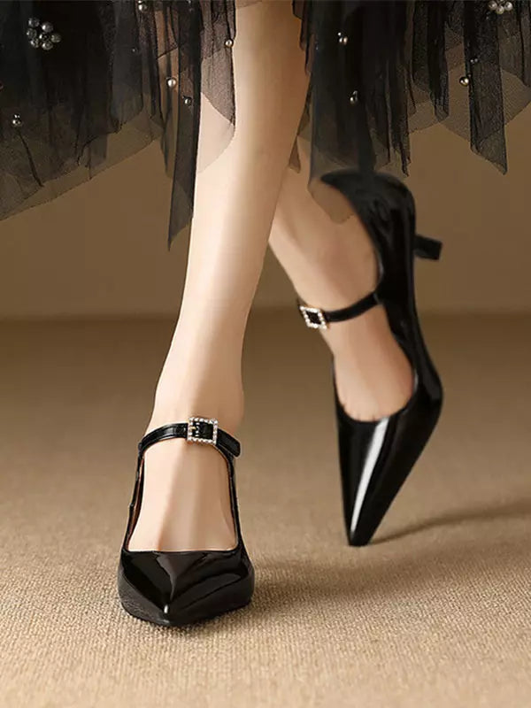 Casual Vintage Rubber Patent Leather Pointed Toe Kitten Shoes