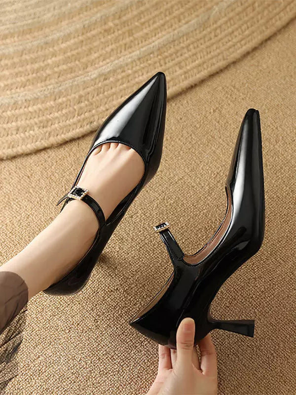 Casual Vintage Rubber Patent Leather Pointed Toe Kitten Shoes
