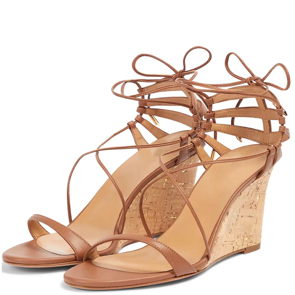 Casual Wedge Lace Up Strappy Peep Toe High Heels