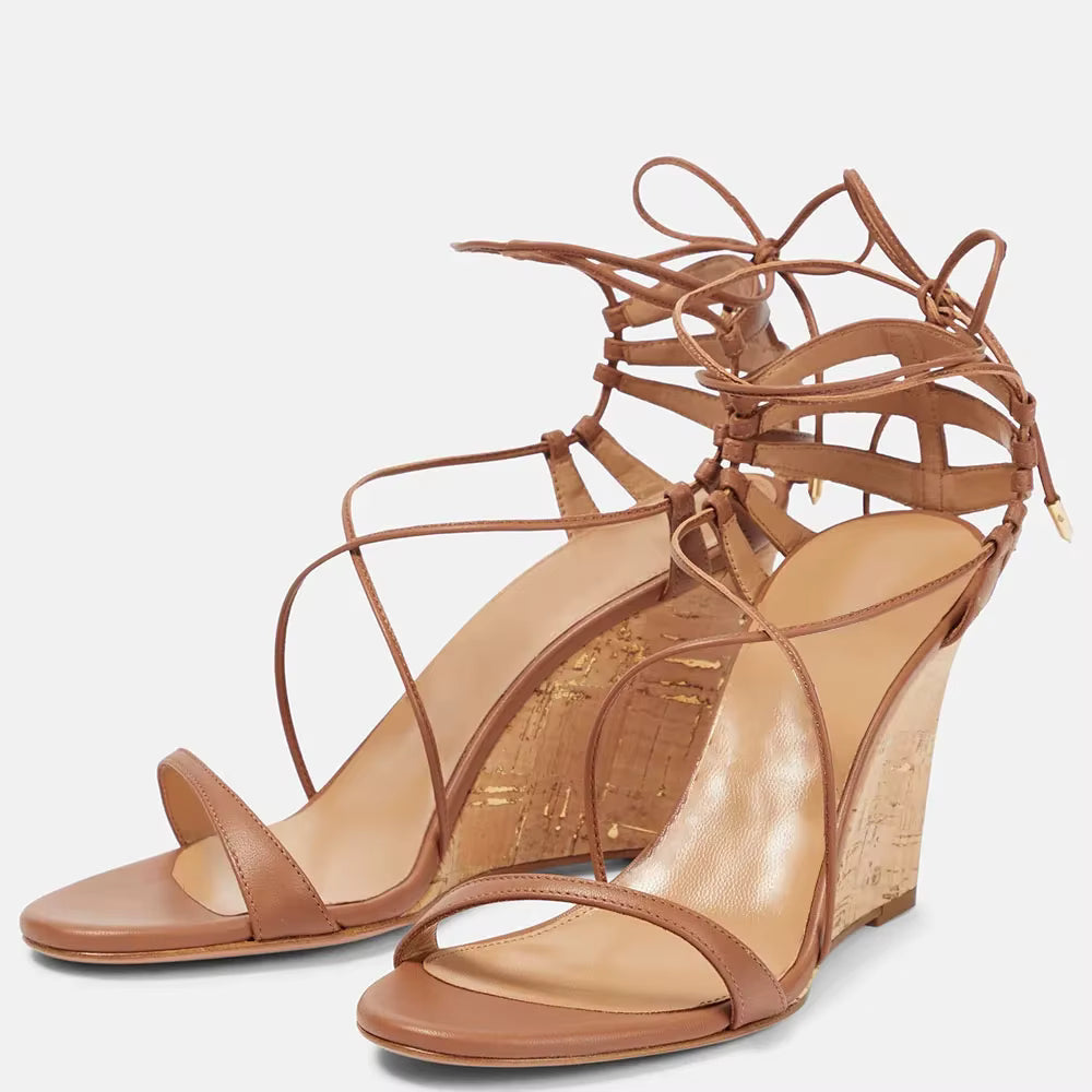 Casual Wedge Lace Up Strappy Peep Toe High Heels
