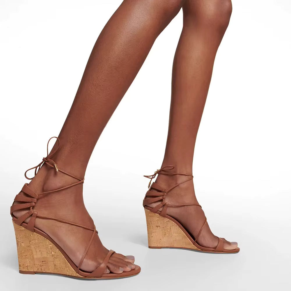 Casual Wedge Lace Up Strappy Peep Toe High Heels