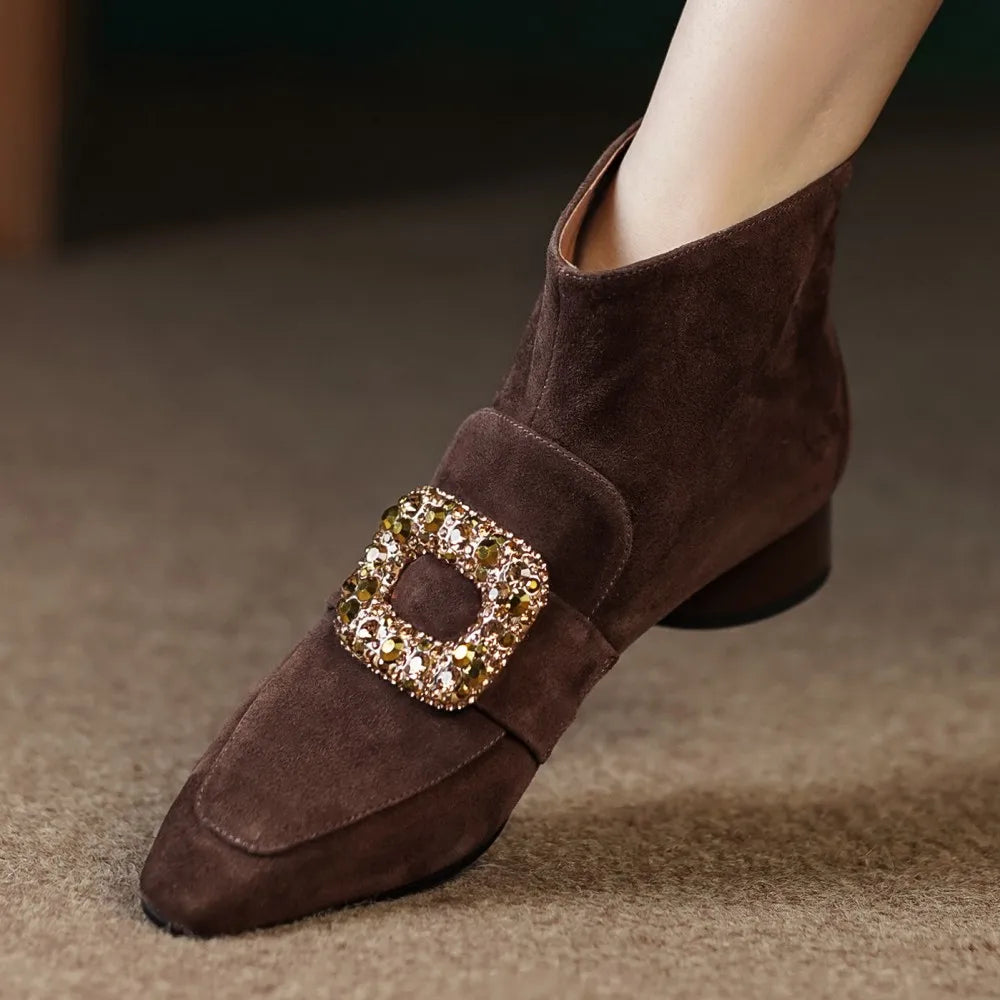 Casual suede leather crystal buckle square toe back zip flats booties shoes