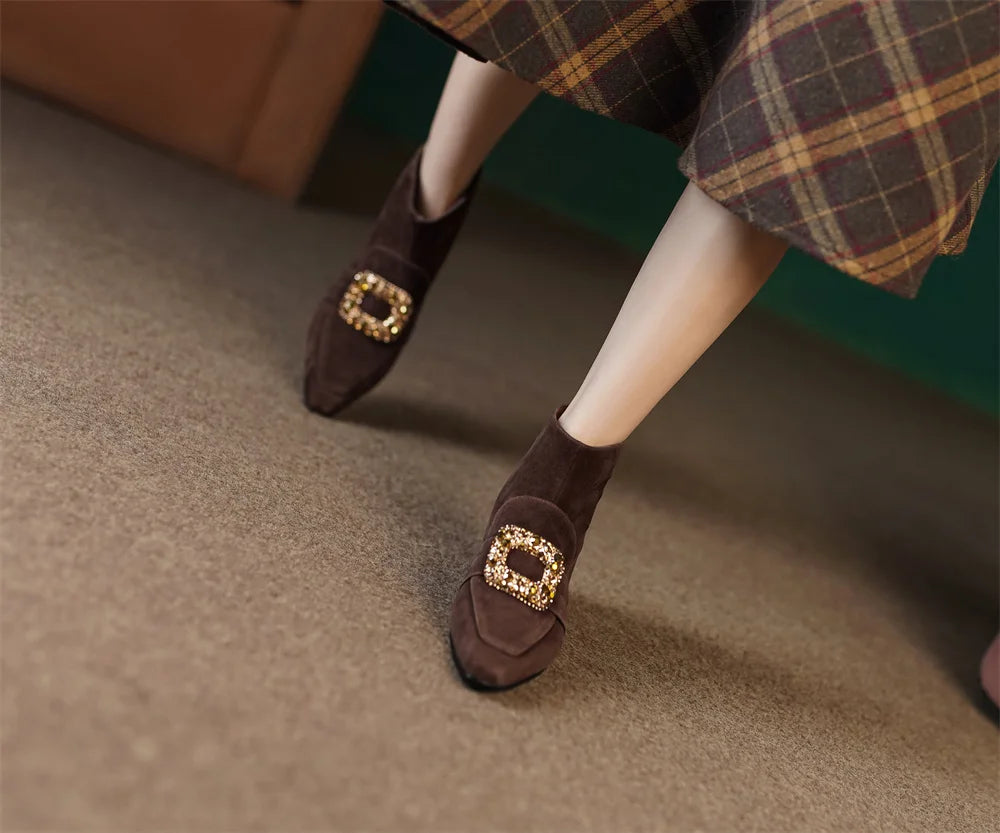 Casual suede leather crystal buckle square toe back zip flats booties shoes