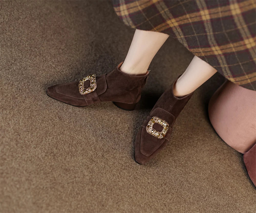 Casual suede leather crystal buckle square toe back zip flats booties shoes
