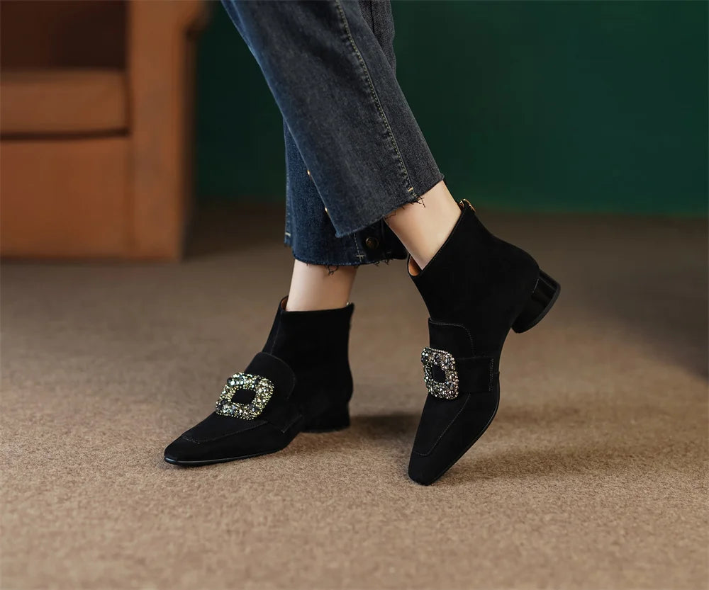 Casual suede leather crystal buckle square toe back zip flats booties shoes