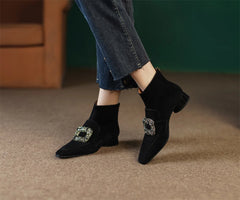 Casual suede leather crystal buckle square toe back zip flats booties shoes