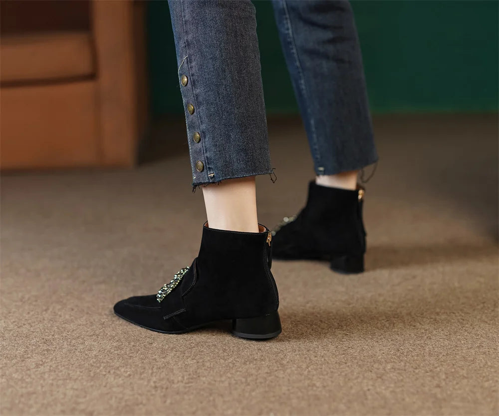 Casual suede leather crystal buckle square toe back zip flats booties shoes