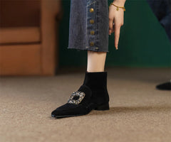 Casual suede leather crystal buckle square toe back zip flats booties shoes