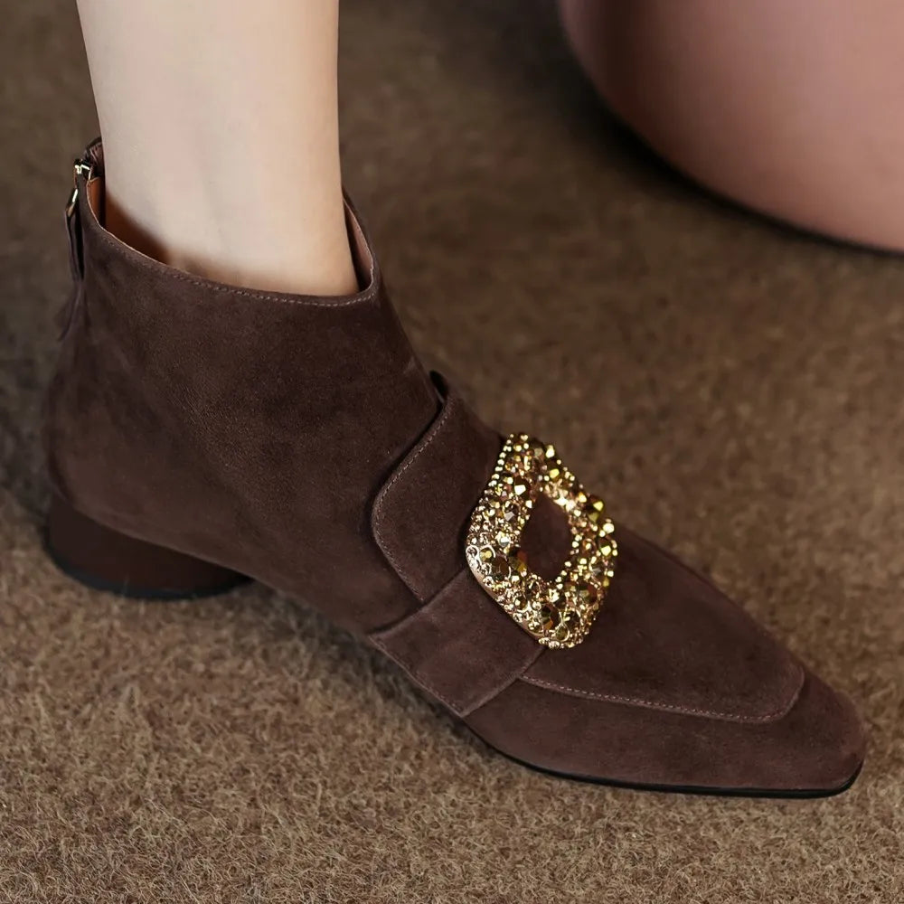 Casual suede leather crystal buckle square toe back zip flats booties shoes