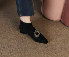 Casual suede leather crystal buckle square toe back zip flats booties shoes