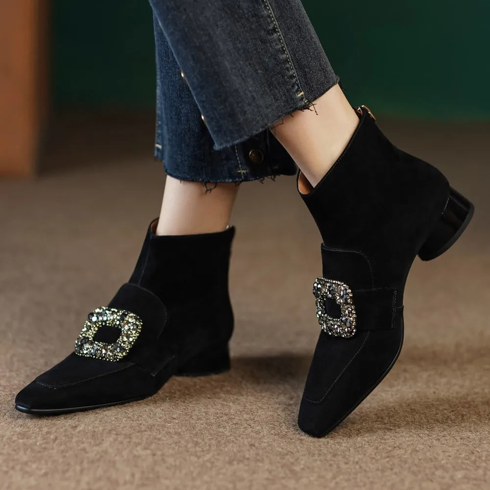 Casual suede leather crystal buckle square toe back zip flats booties shoes