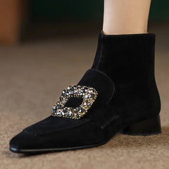 Casual suede leather crystal buckle square toe back zip flats booties shoes