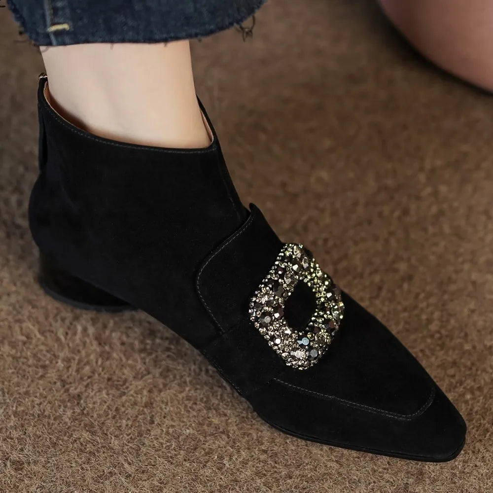 Casual suede leather crystal buckle square toe back zip flats booties shoes
