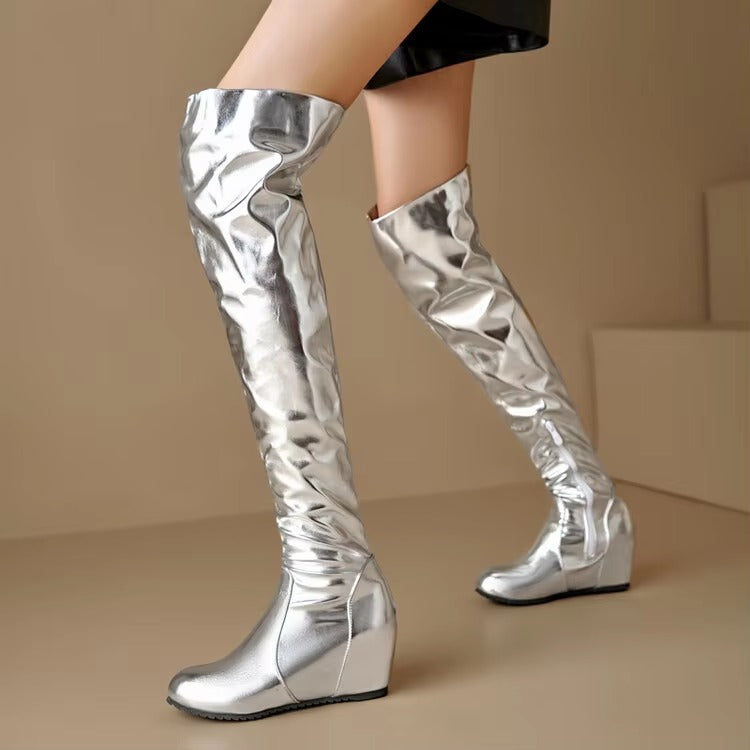 Causal Side Zipper Round Toe Street Style Height Increasing Knee High Boots