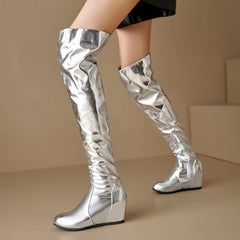 Causal Side Zipper Round Toe Street Style Height Increasing Knee High Boots