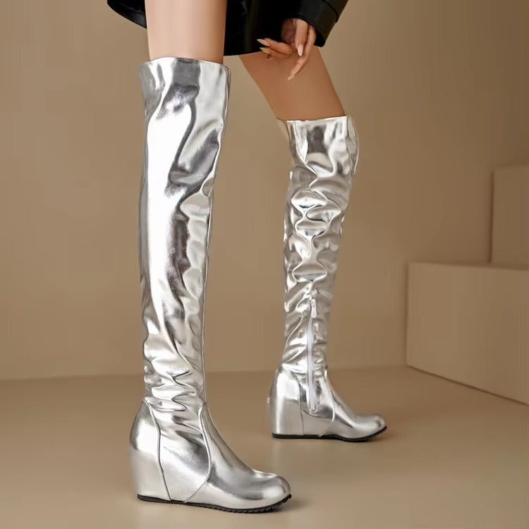 Causal Side Zipper Round Toe Street Style Height Increasing Knee High Boots