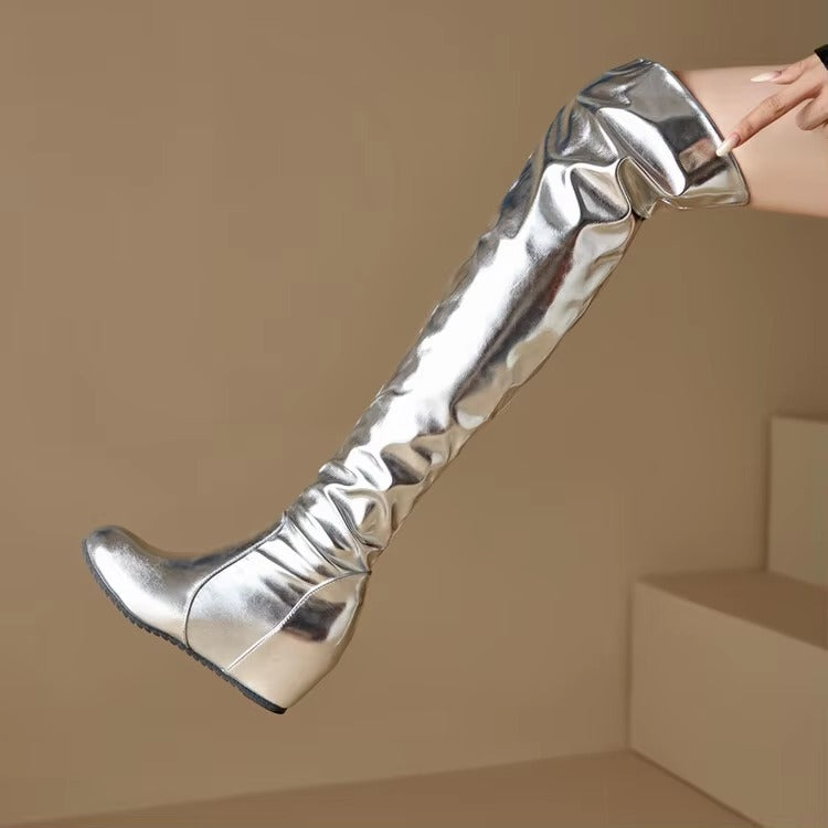 Causal Side Zipper Round Toe Street Style Height Increasing Knee High Boots