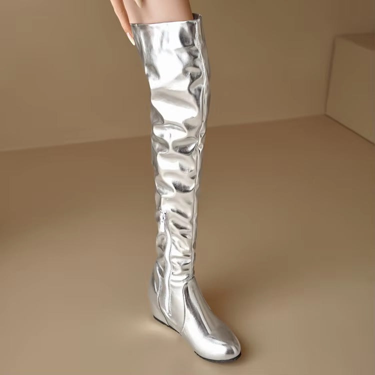 Causal Side Zipper Round Toe Street Style Height Increasing Knee High Boots