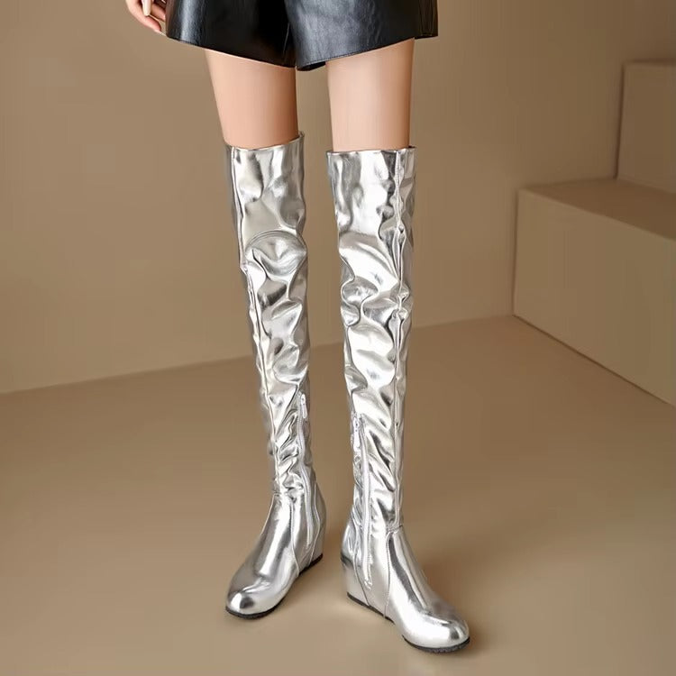 Causal Side Zipper Round Toe Street Style Height Increasing Knee High Boots