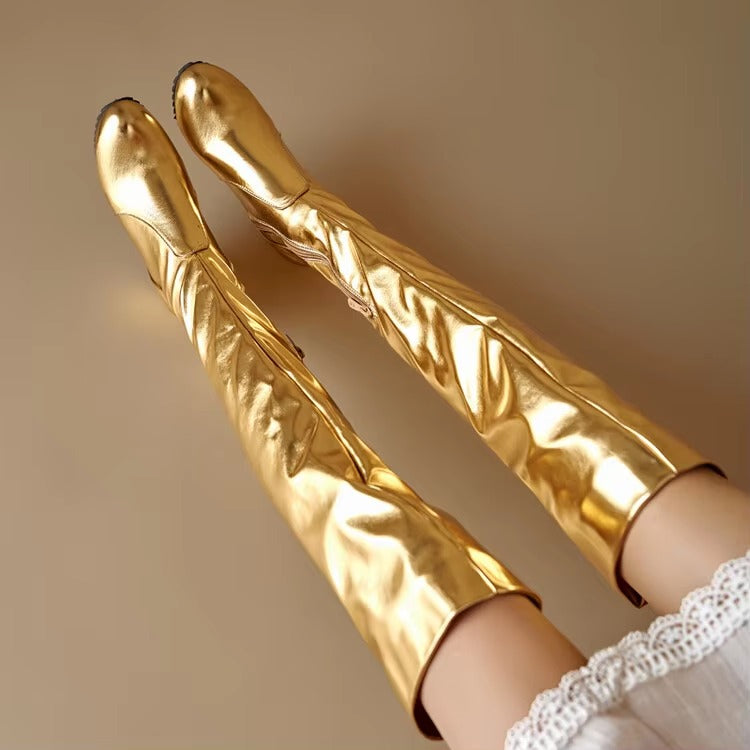 Causal Side Zipper Round Toe Street Style Height Increasing Knee High Boots