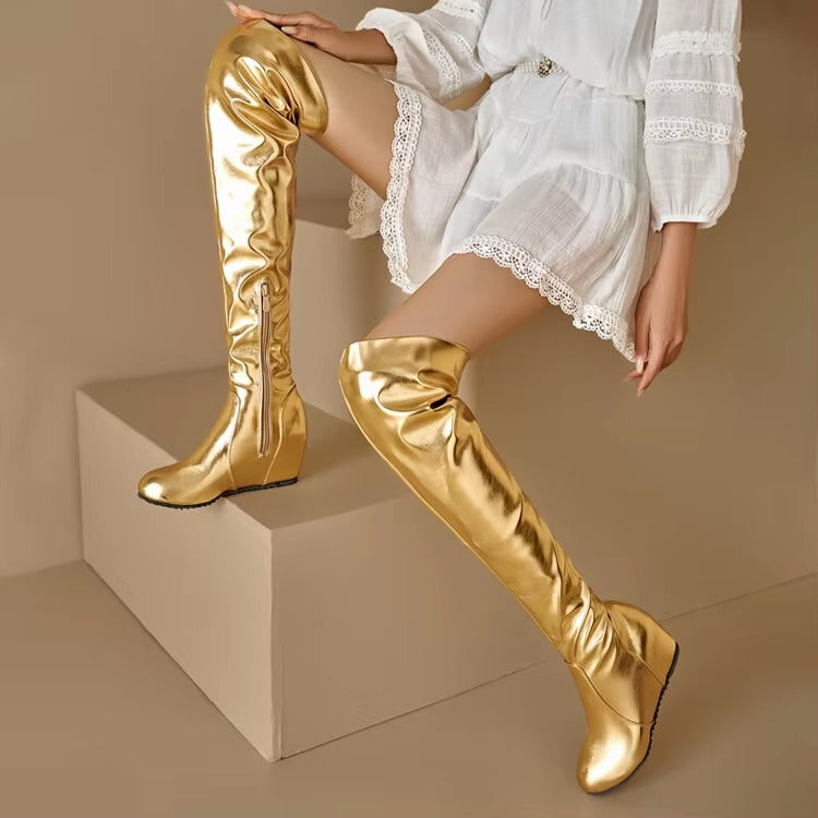 Causal Side Zipper Round Toe Street Style Height Increasing Knee High Boots
