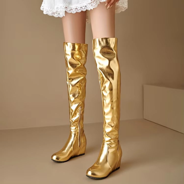 Causal Side Zipper Round Toe Street Style Height Increasing Knee High Boots