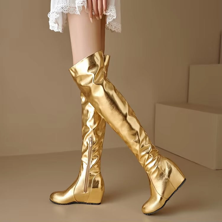 Causal Side Zipper Round Toe Street Style Height Increasing Knee High Boots