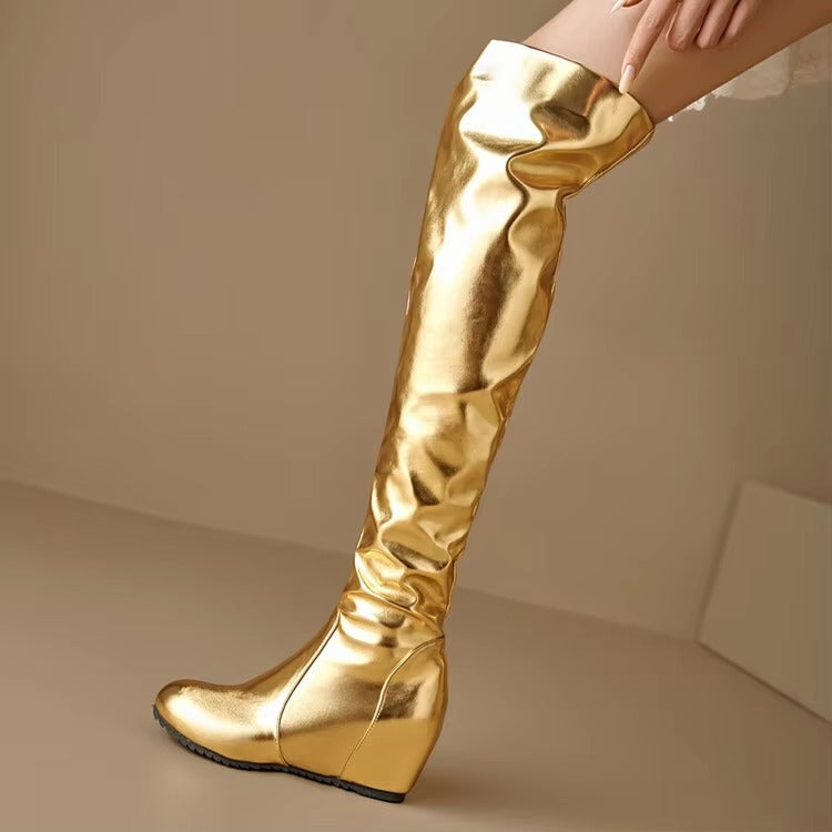 Causal Side Zipper Round Toe Street Style Height Increasing Knee High Boots