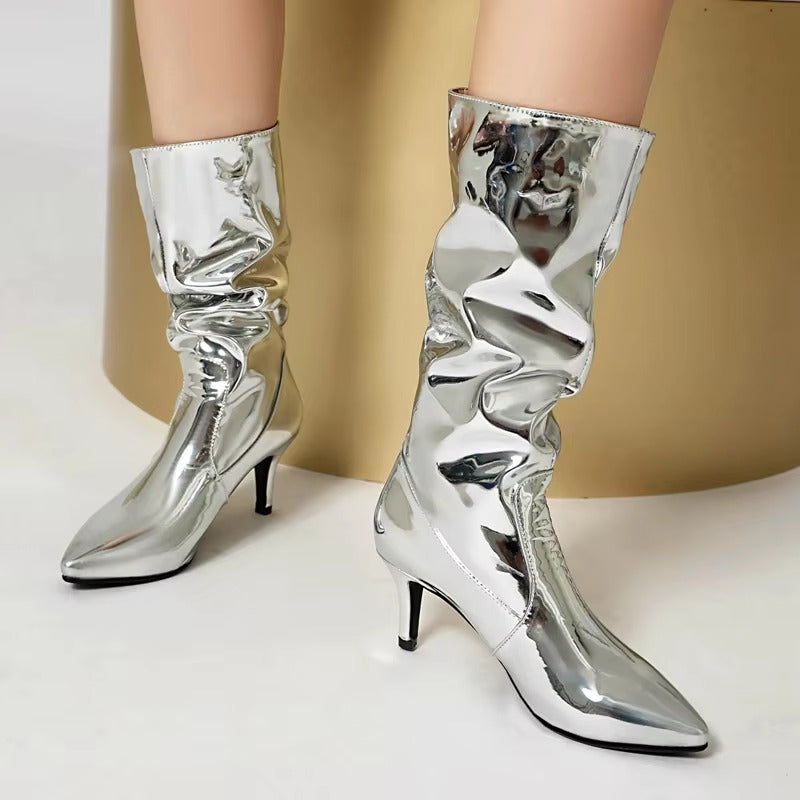 Causal Solid SLIP-ON pointed patent leather high-heeled oversized short boots