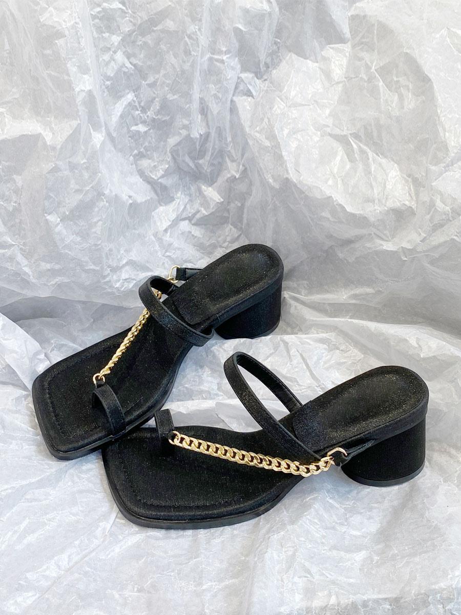 Chic Chains Polyester Square Toe Chunky Slide High Heel Sandals