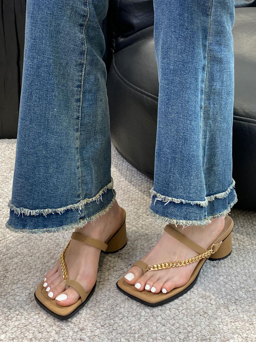 Chic Chains Polyester Square Toe Chunky Slide High Heel Sandals