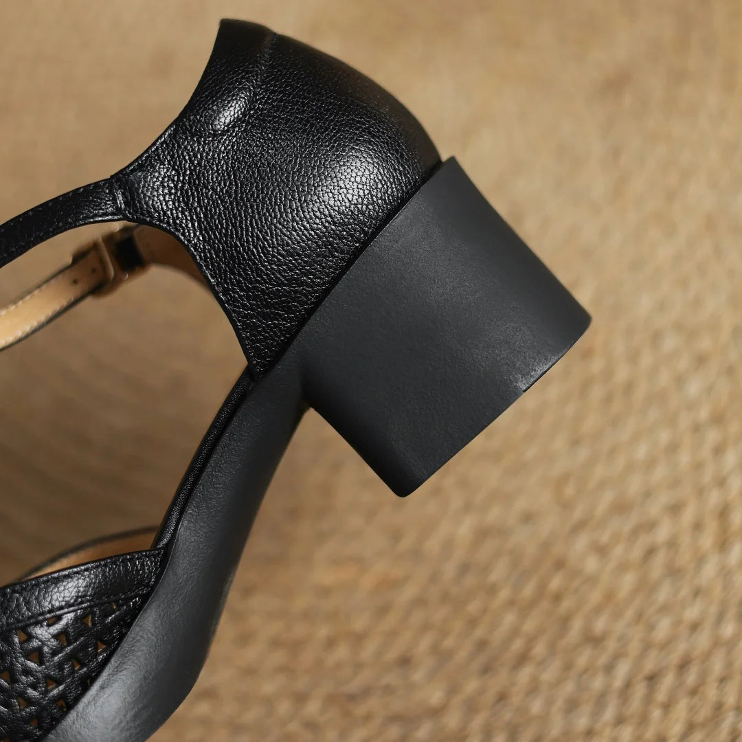 Classic Hollow-Out Sheepskin T-strap Thick Med Pumps High Heels Sandals