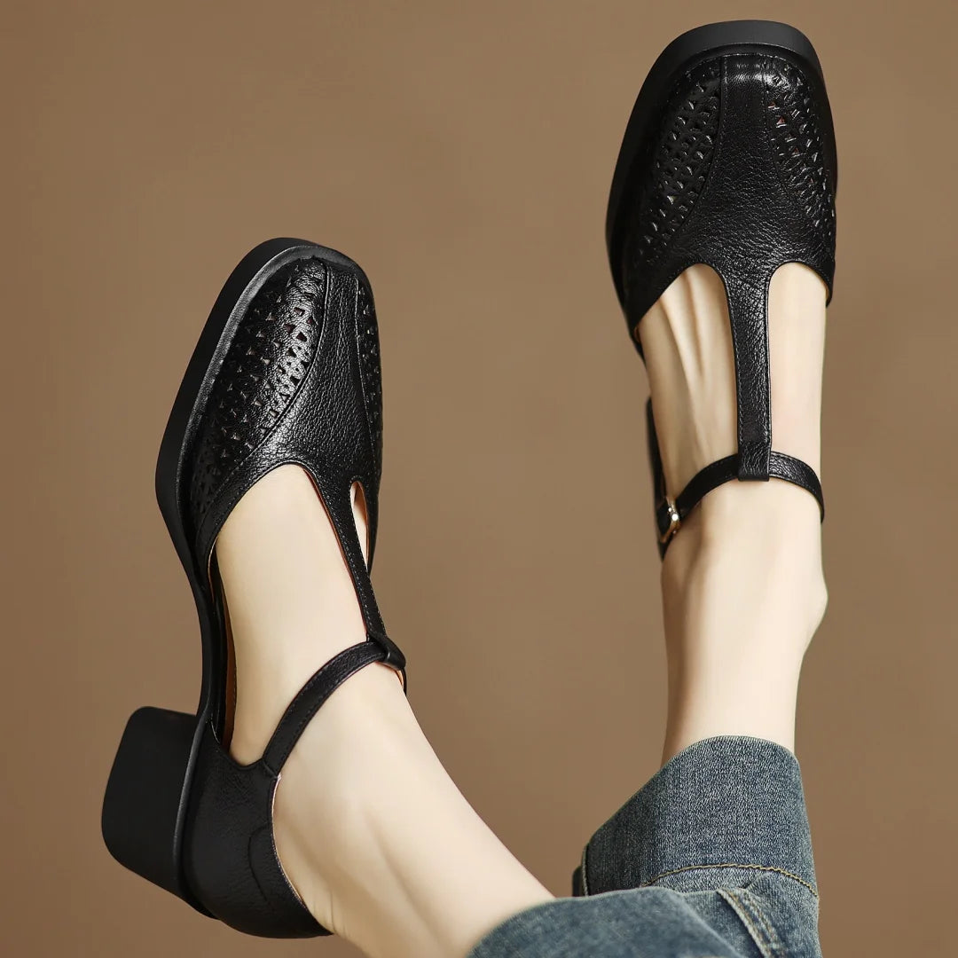 Classic Hollow-Out Sheepskin T-strap Thick Med Pumps High Heels Sandals