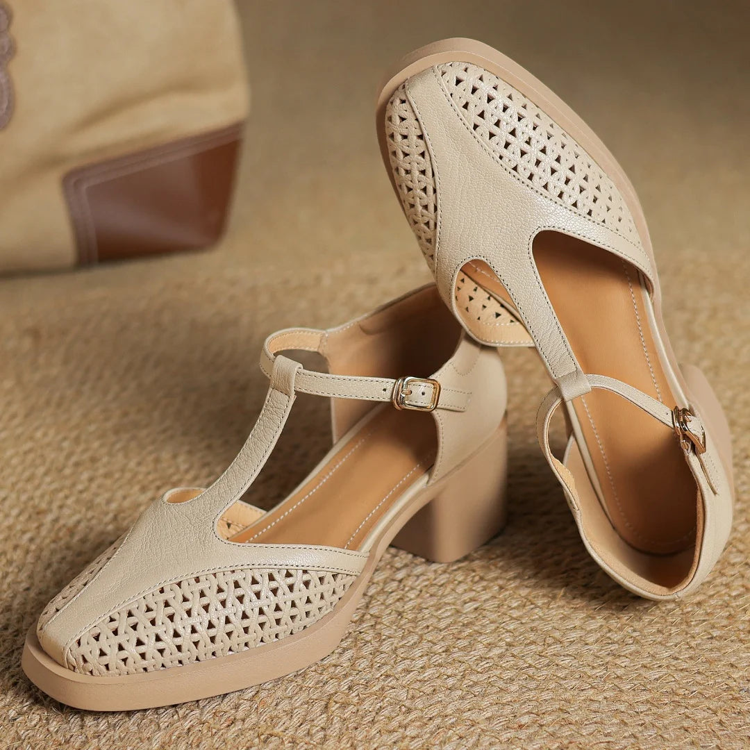 Classic Hollow-Out Sheepskin T-strap Thick Med Pumps High Heels Sandals