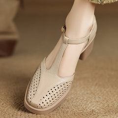 Classic Hollow-Out Sheepskin T-strap Thick Med Pumps High Heels Sandals