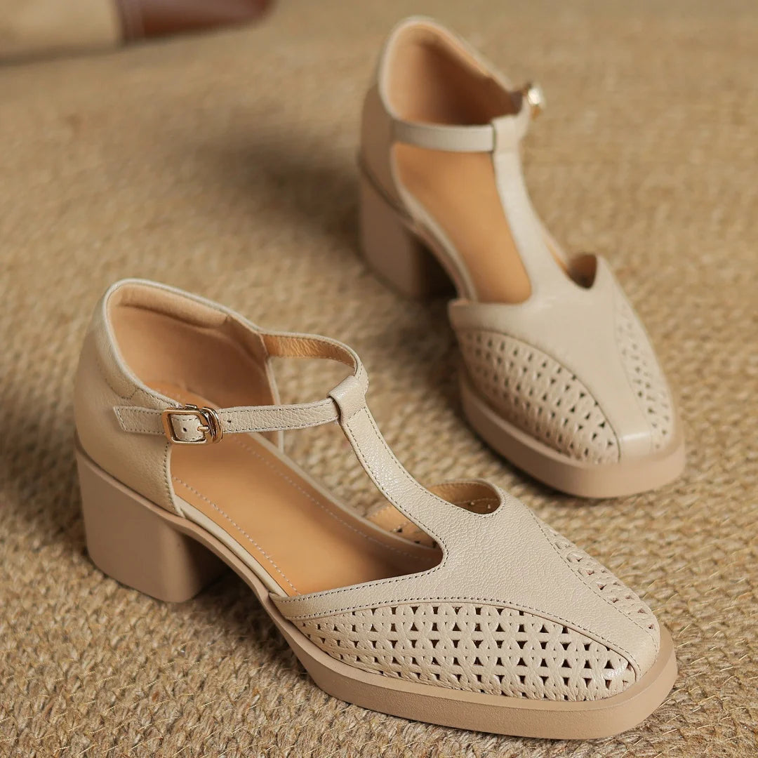 Classic Hollow-Out Sheepskin T-strap Thick Med Pumps High Heels Sandals