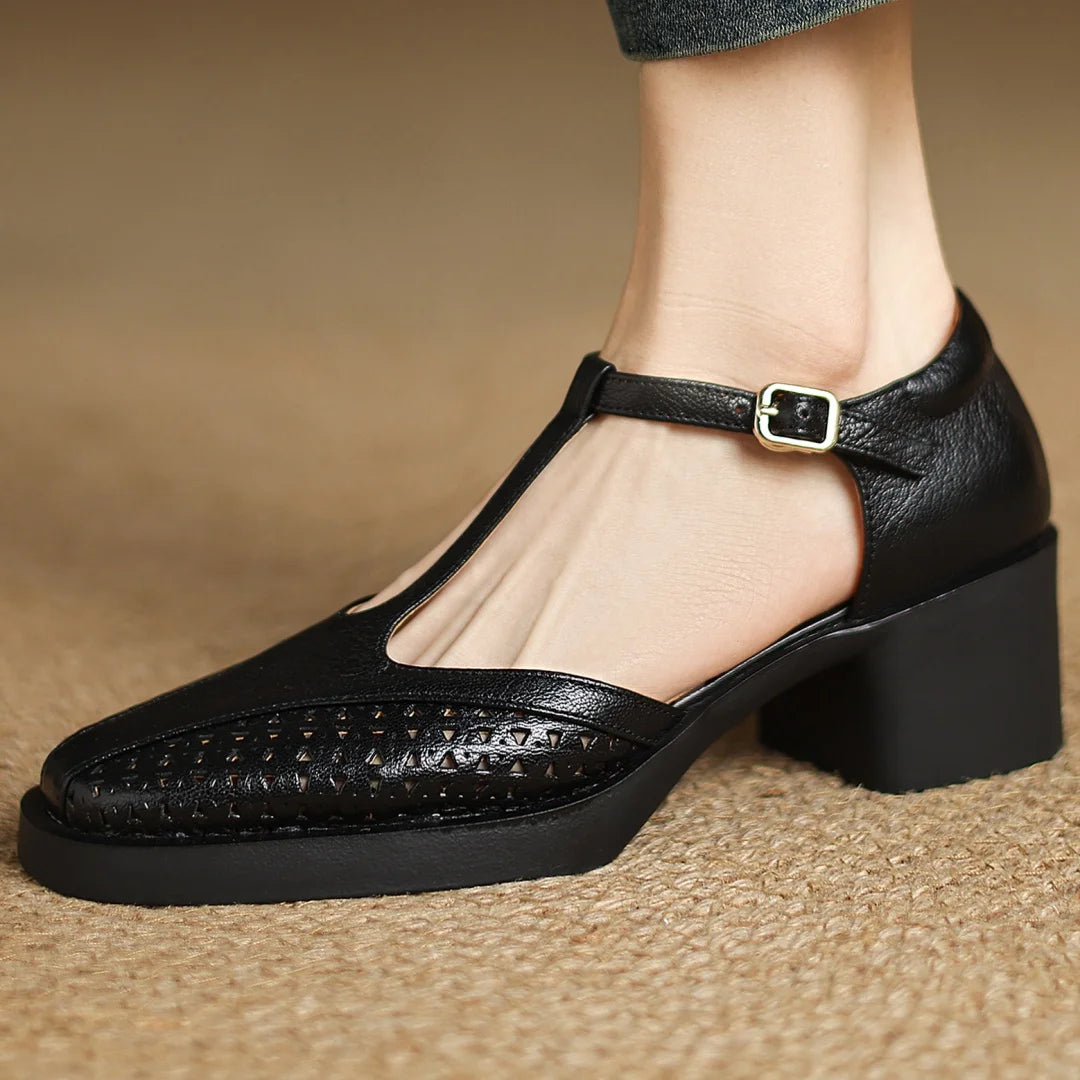 Classic Hollow-Out Sheepskin T-strap Thick Med Pumps High Heels Sandals