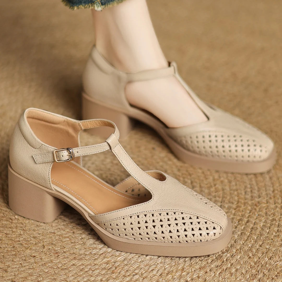 Classic Hollow-Out Sheepskin T-strap Thick Med Pumps High Heels Sandals